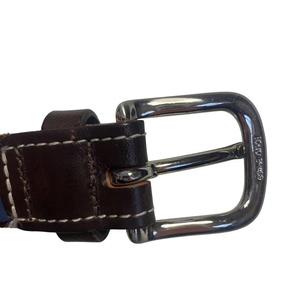 Vineyard Vines Mens Lacrosse Belt 28 Blue Brown Leather Nylon Brass Buckle
